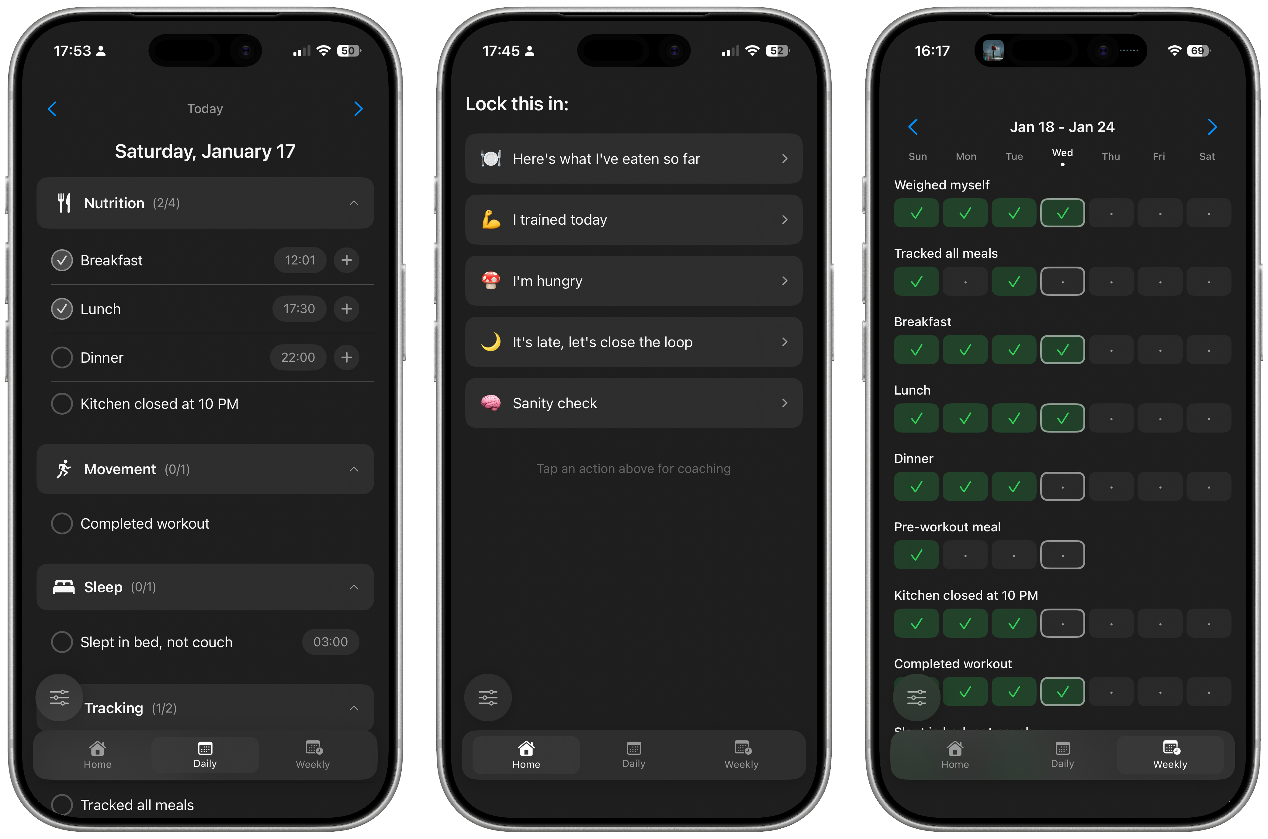 Habitat hi-fi: daily checklist, lock-in actions, and weekly grid