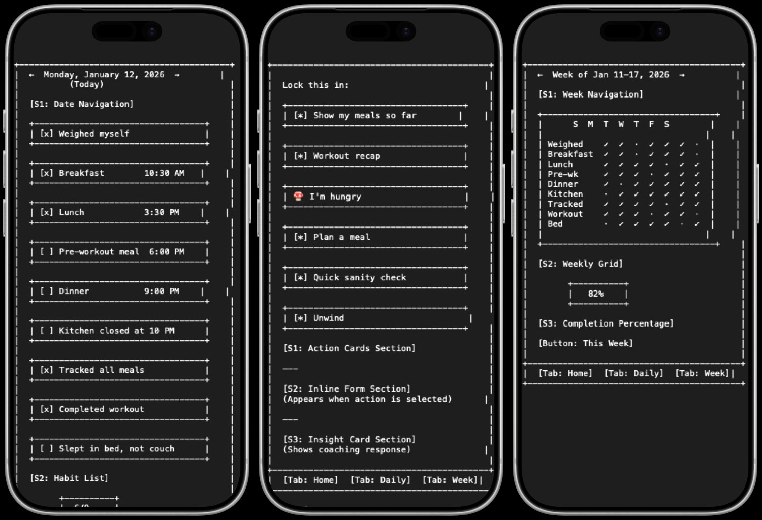 Habitat lo-fi ASCII wireframes (daily, lock-in, weekly)